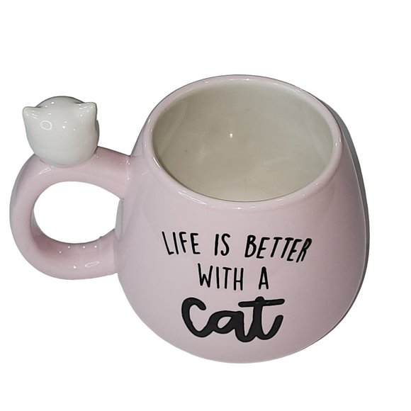Kitten Figurine Pink Ceramic Coffee‎ Mug 14 Oz - Life Is Better With a Cat - Picture 2 of 16